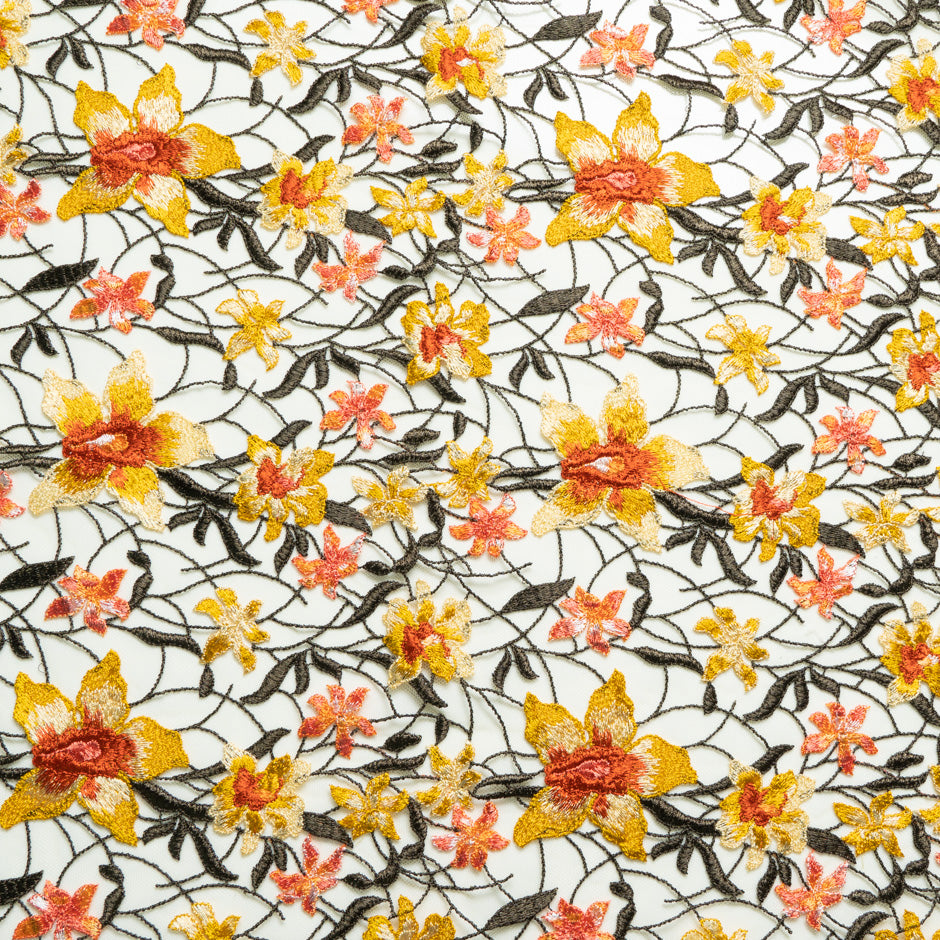 Yellow & Orange Floral Embroidered Tulle