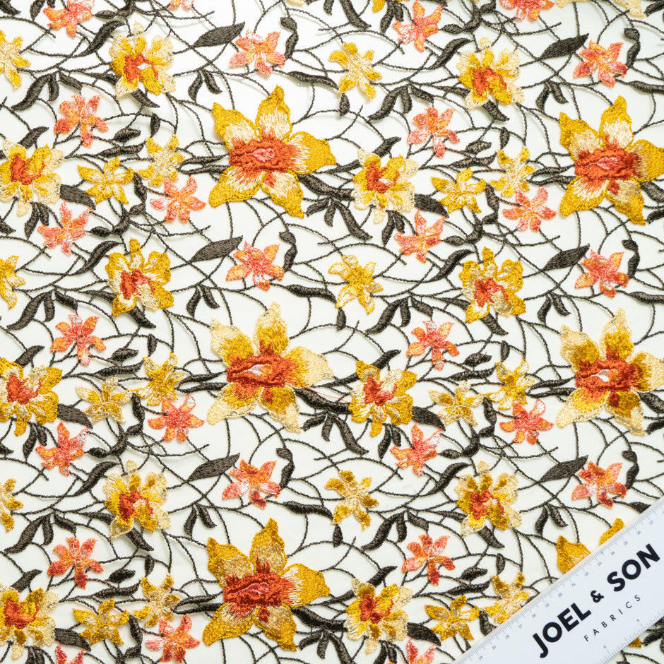 Yellow & Orange Floral Embroidered Tulle