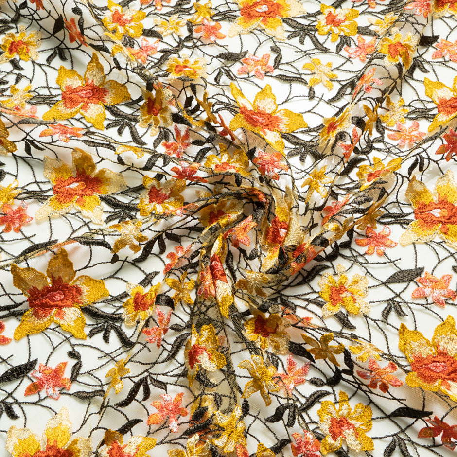 Yellow & Orange Floral Embroidered Tulle