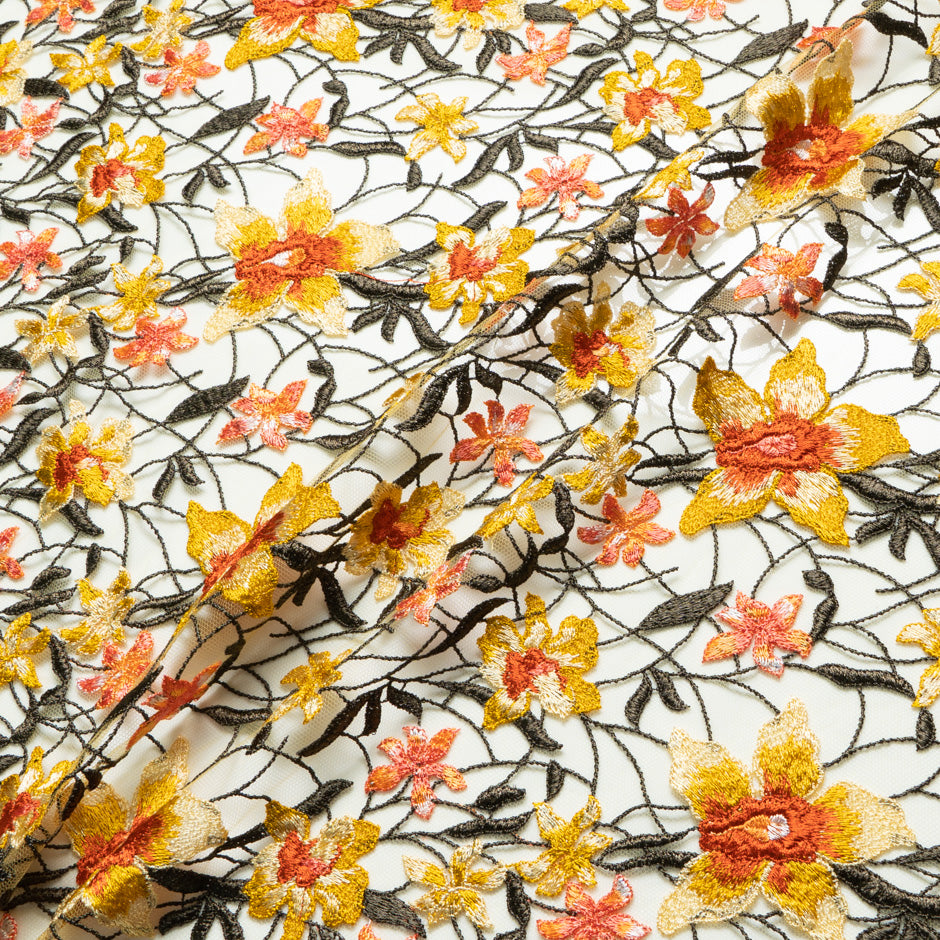 Yellow & Orange Floral Embroidered Tulle