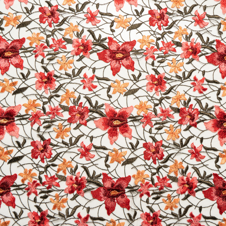 Red & Orange Floral Embroidered Tulle