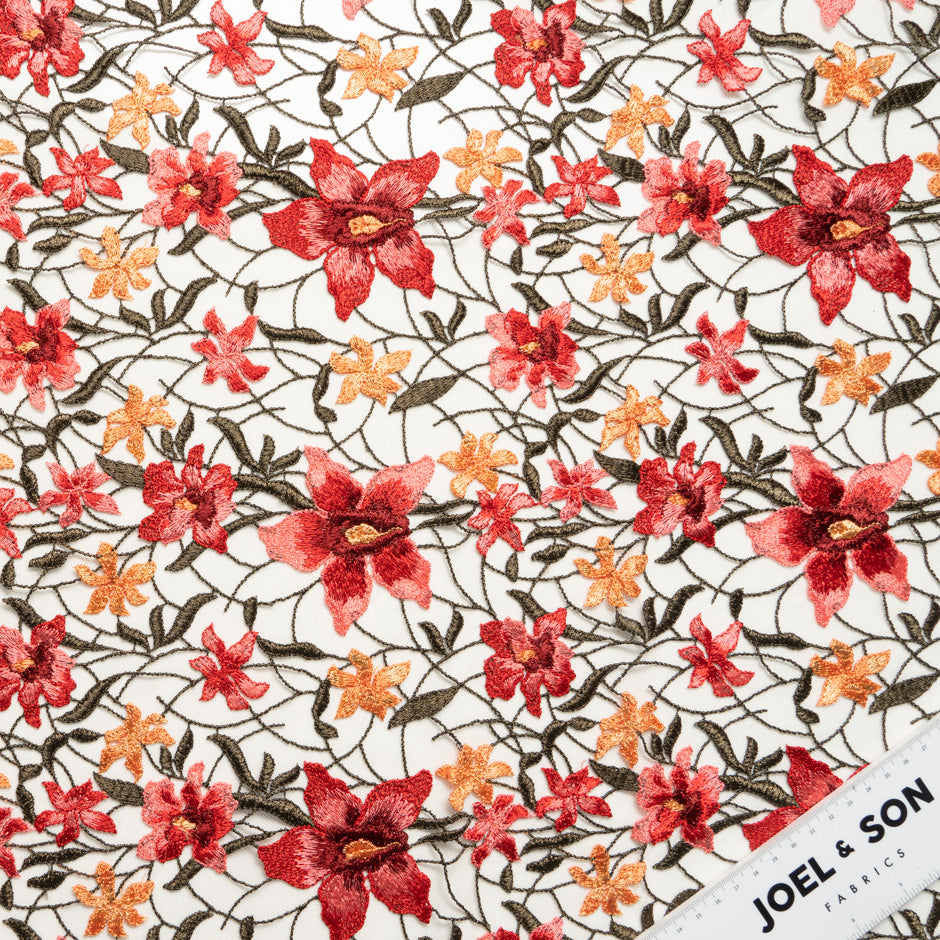 Red & Orange Floral Embroidered Tulle
