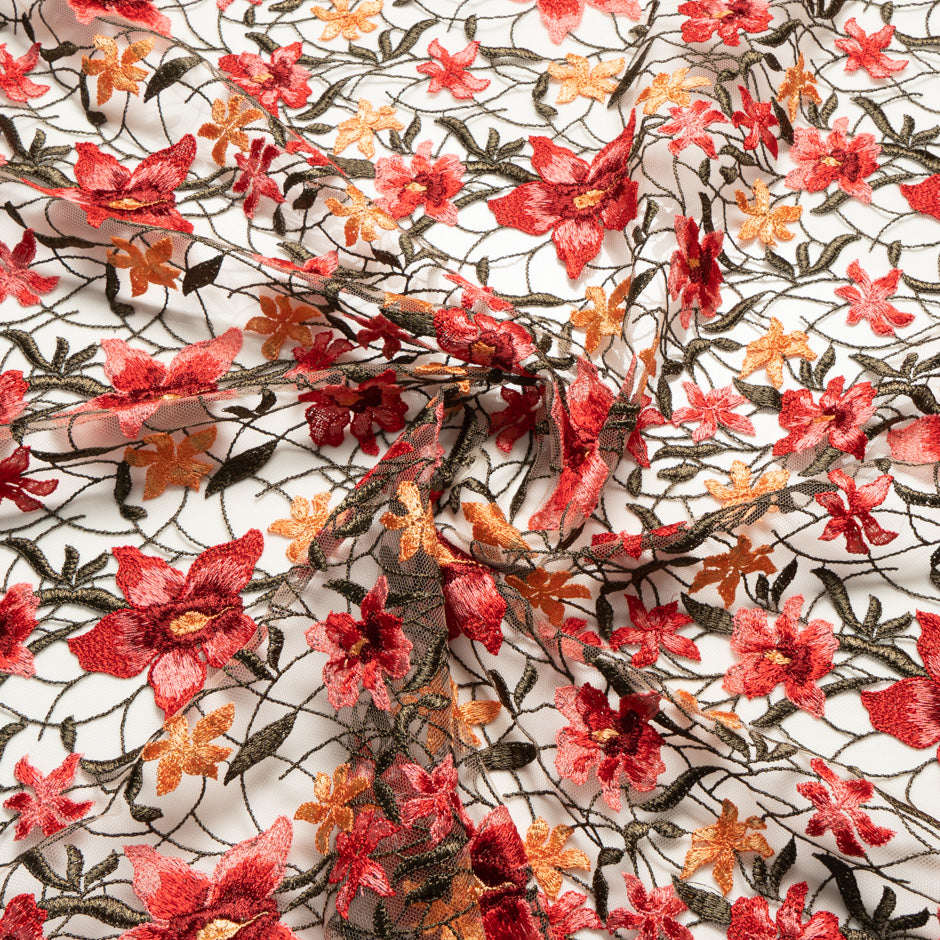 Red & Orange Floral Embroidered Tulle
