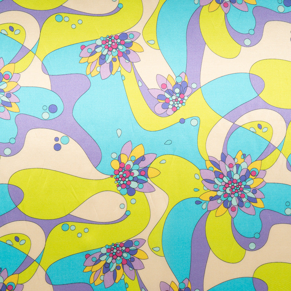 Lilac, Blue & Chartreuse Retro Printed Silk & Cotton Blend