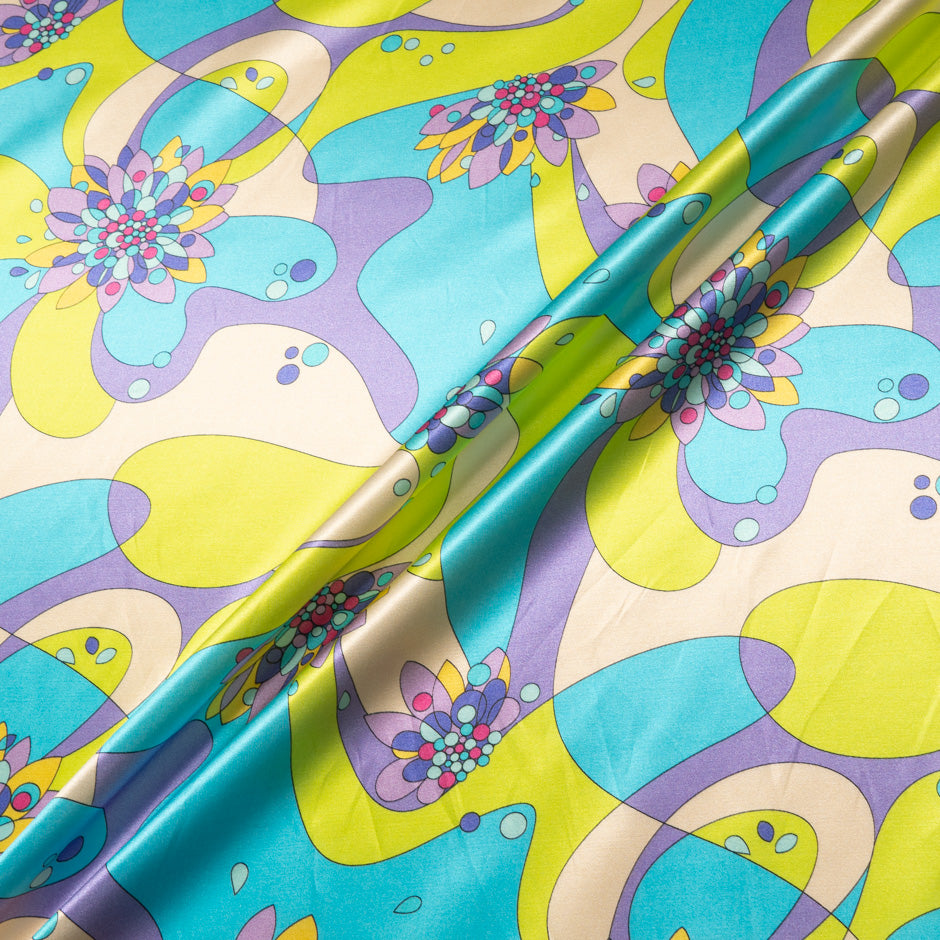 Lilac, Blue & Chartreuse Retro Printed Silk & Cotton Blend
