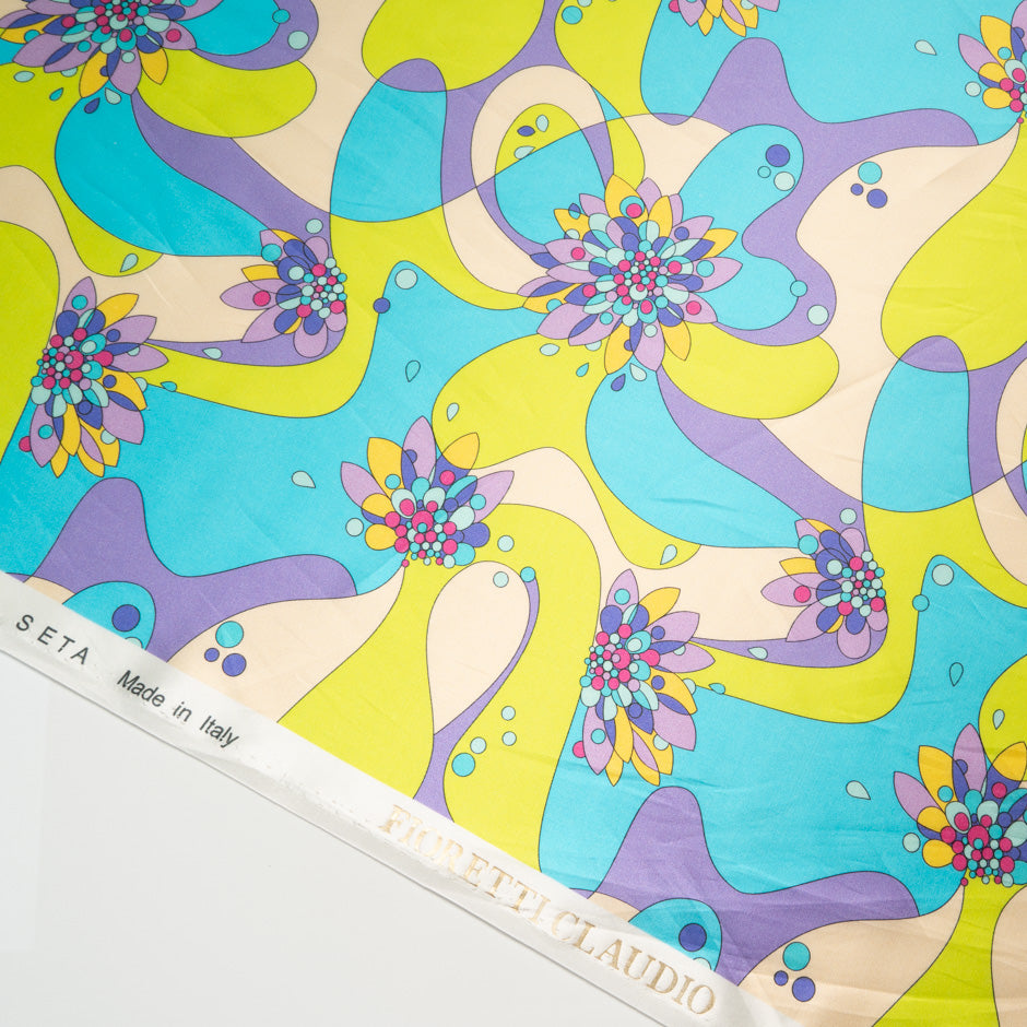 Lilac, Blue & Chartreuse Retro Printed Silk & Cotton Blend