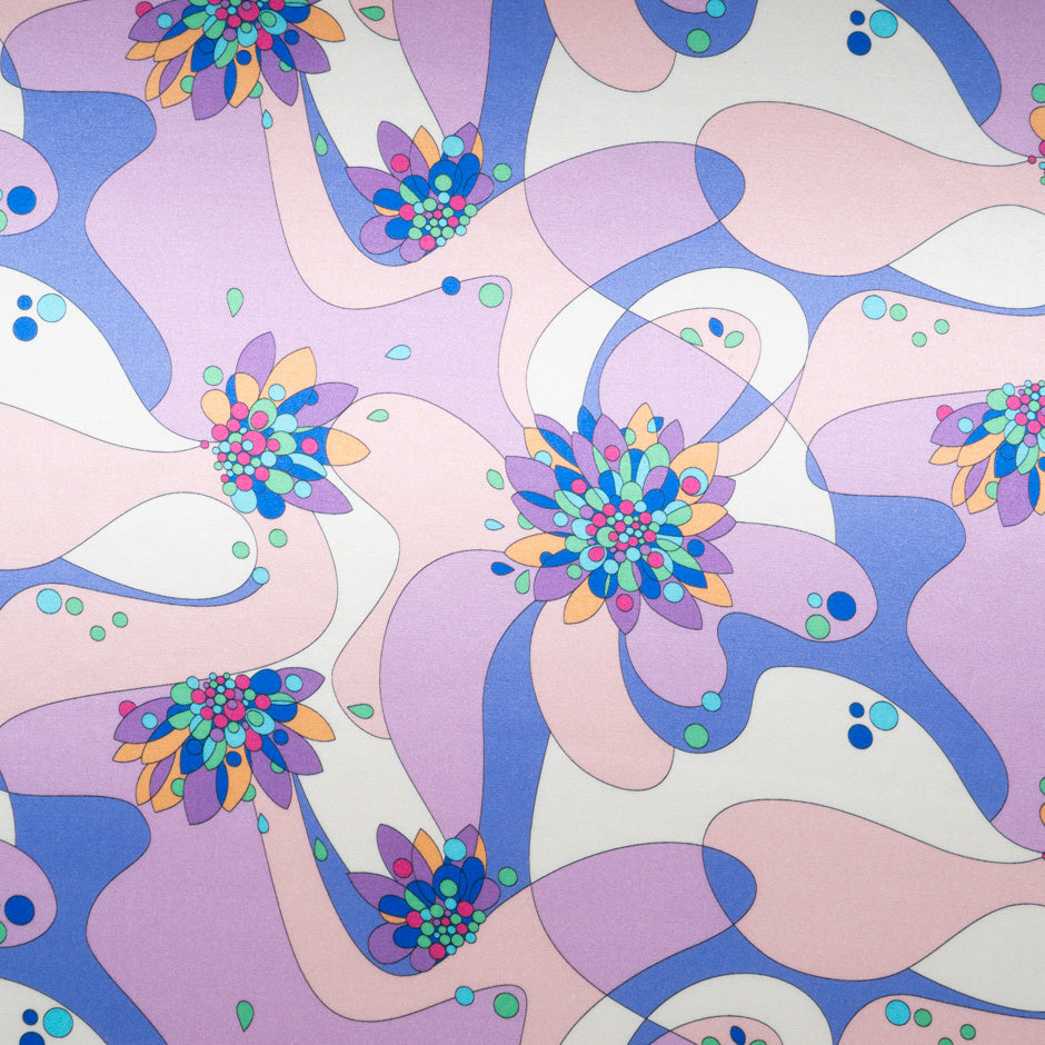 Pink, Lilac & Blue Retro Printed Silk & Cotton Blend