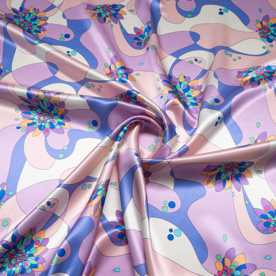 Pink, Lilac & Blue Retro Printed Silk & Cotton Blend