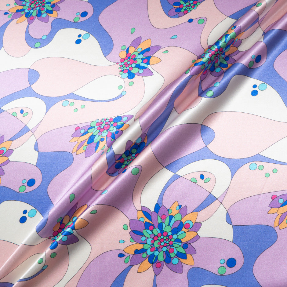 Pink, Lilac & Blue Retro Printed Silk & Cotton Blend