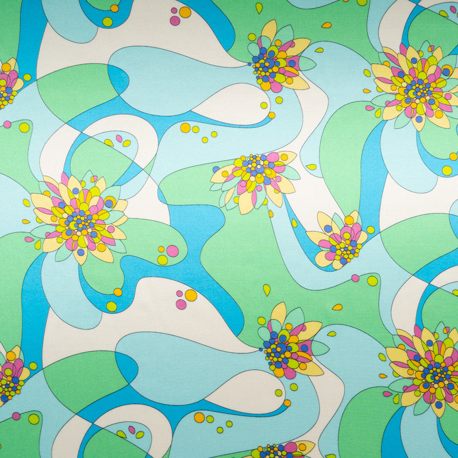 Green & Blue Retro Printed Silk & Cotton Blend