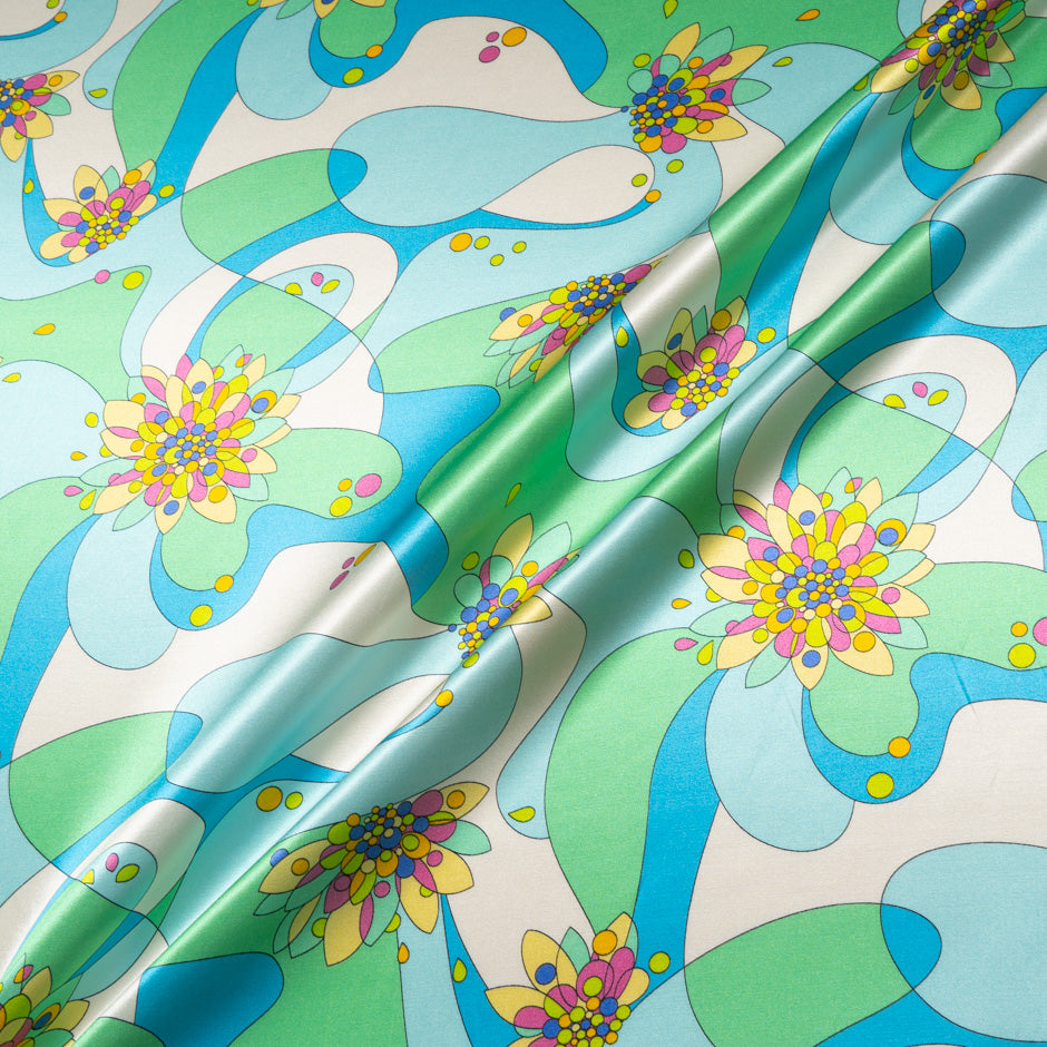 Green & Blue Retro Printed Silk & Cotton Blend