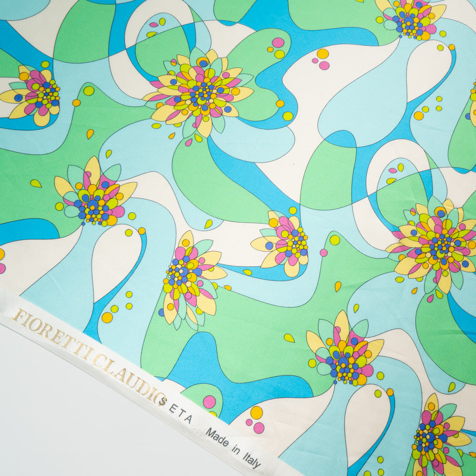 Green & Blue Retro Printed Silk & Cotton Blend