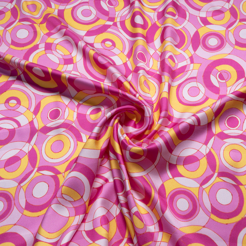Fuchsia Pink & Yellow Geo Circle Printed Silk Twill
