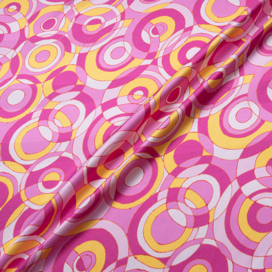Fuchsia Pink & Yellow Geo Circle Printed Silk Twill