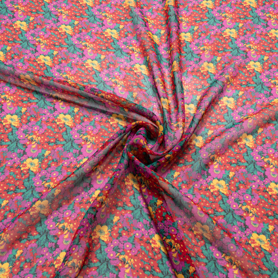 Red, Yellow & Pink Floral Printed Silk Georgette