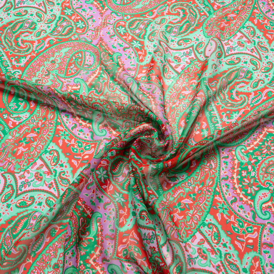 Red & Pink Paisley Printed Mint Green Silk Georgette