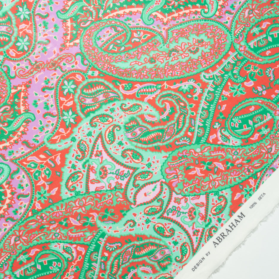 Red & Pink Paisley Printed Mint Green Silk Georgette
