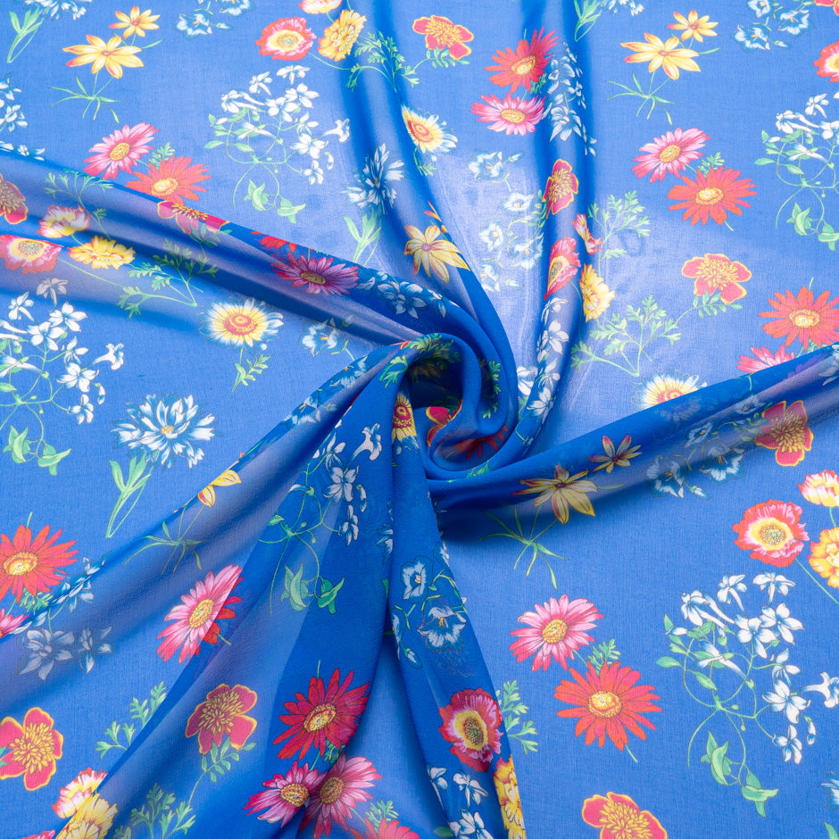 Multi Floral Printed Rich Blue Silk Georgette