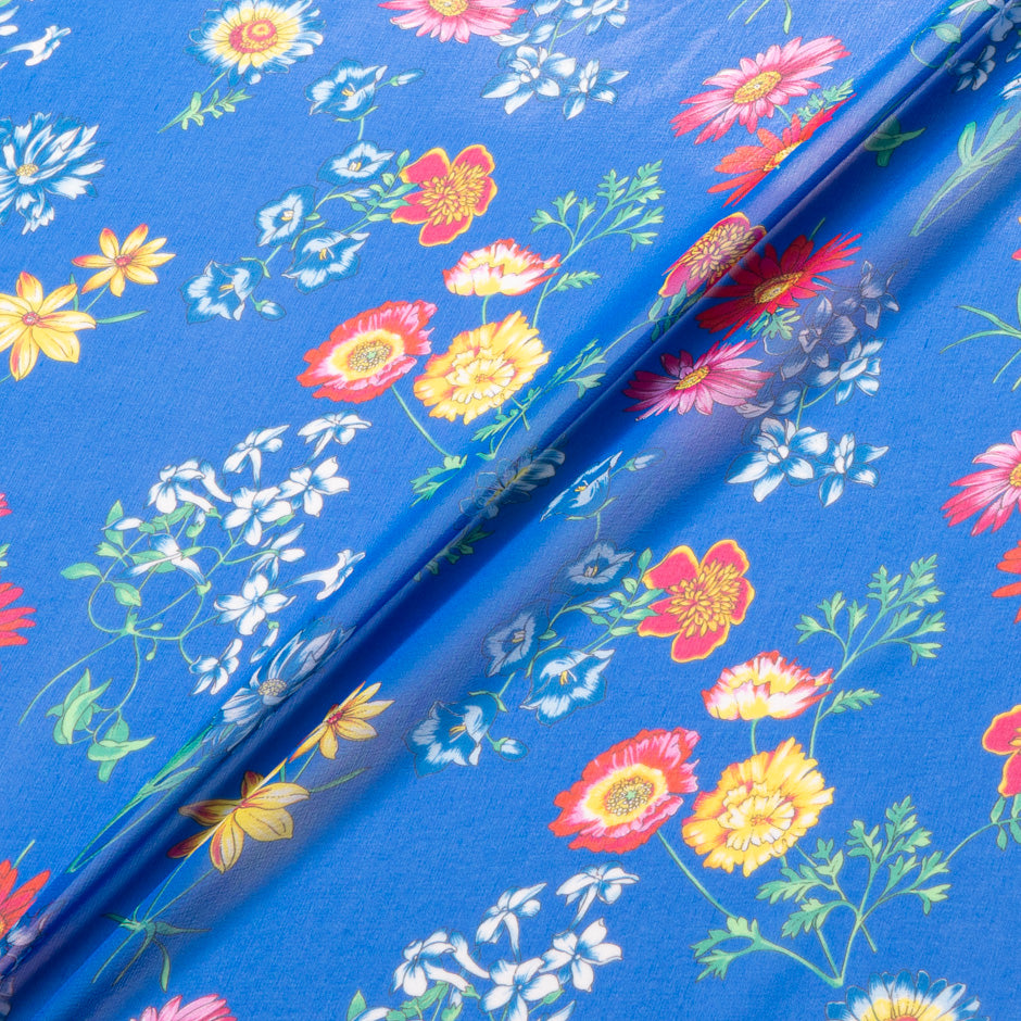 Multi Floral Printed Rich Blue Silk Georgette