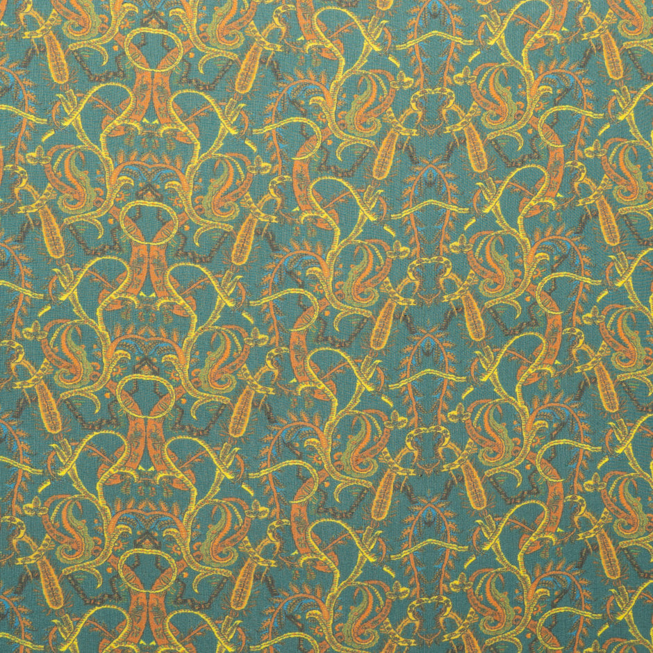 Orange Paisley Printed Green Silk Georgette