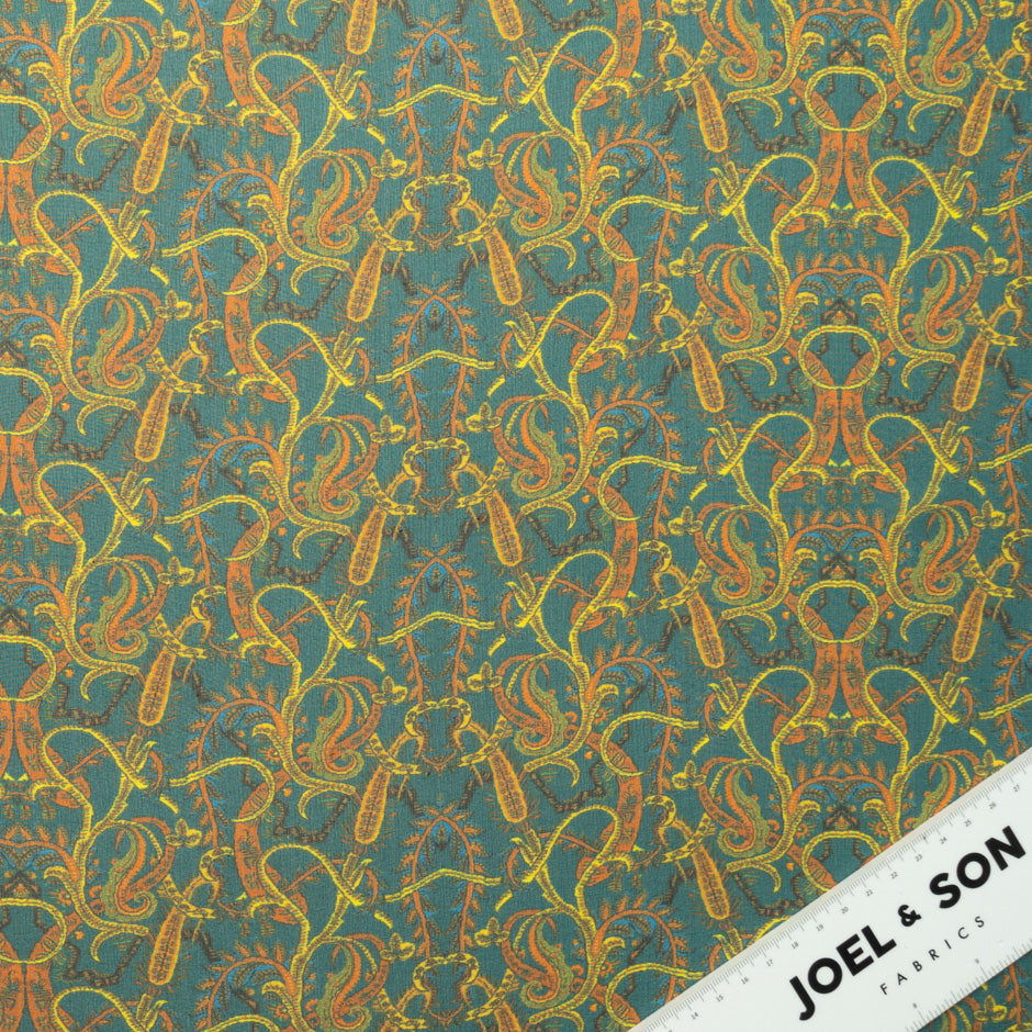 Orange Paisley Printed Green Silk Georgette
