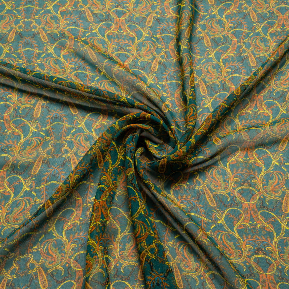 Orange Paisley Printed Green Silk Georgette