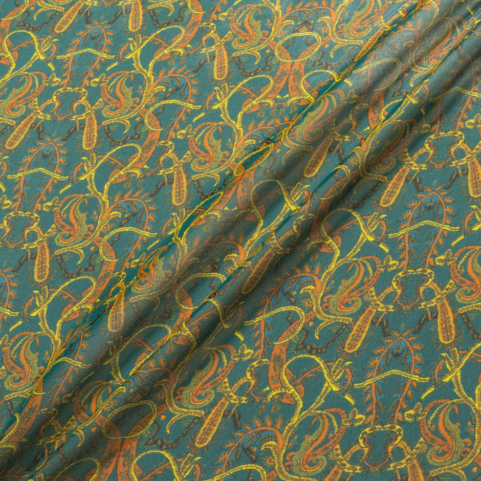 Orange Paisley Printed Green Silk Georgette