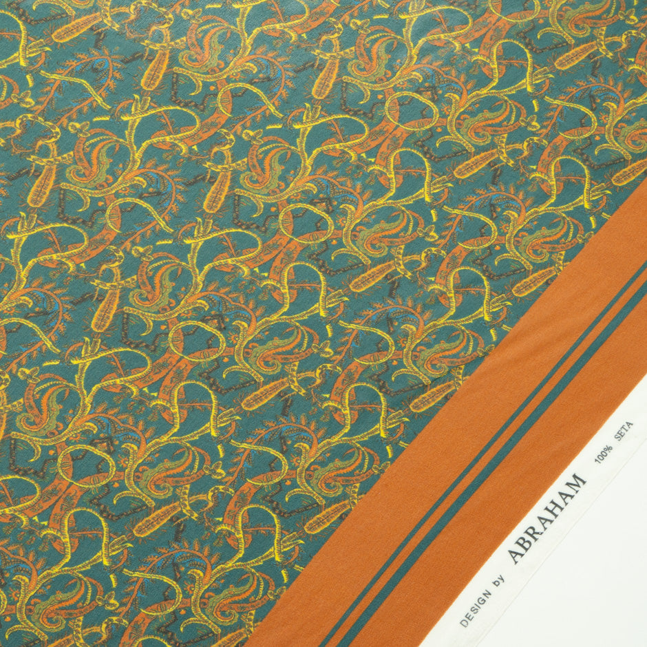 Orange Paisley Printed Green Silk Georgette