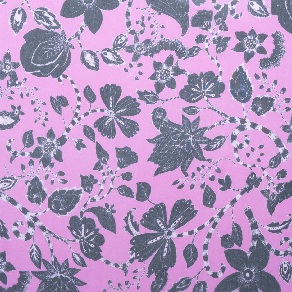 Black Floral Printed Magenta Pure Silk Georgette