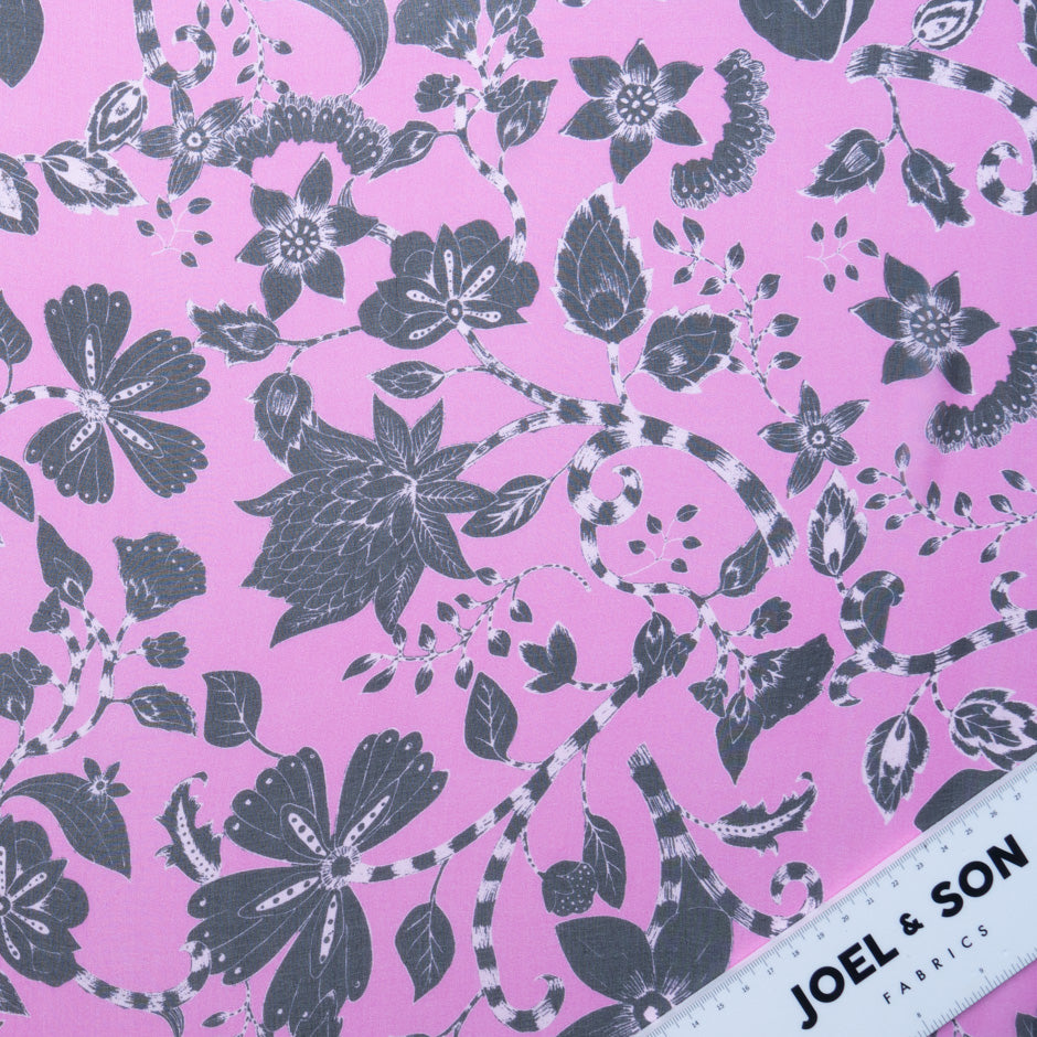 Black Floral Printed Magenta Pure Silk Georgette