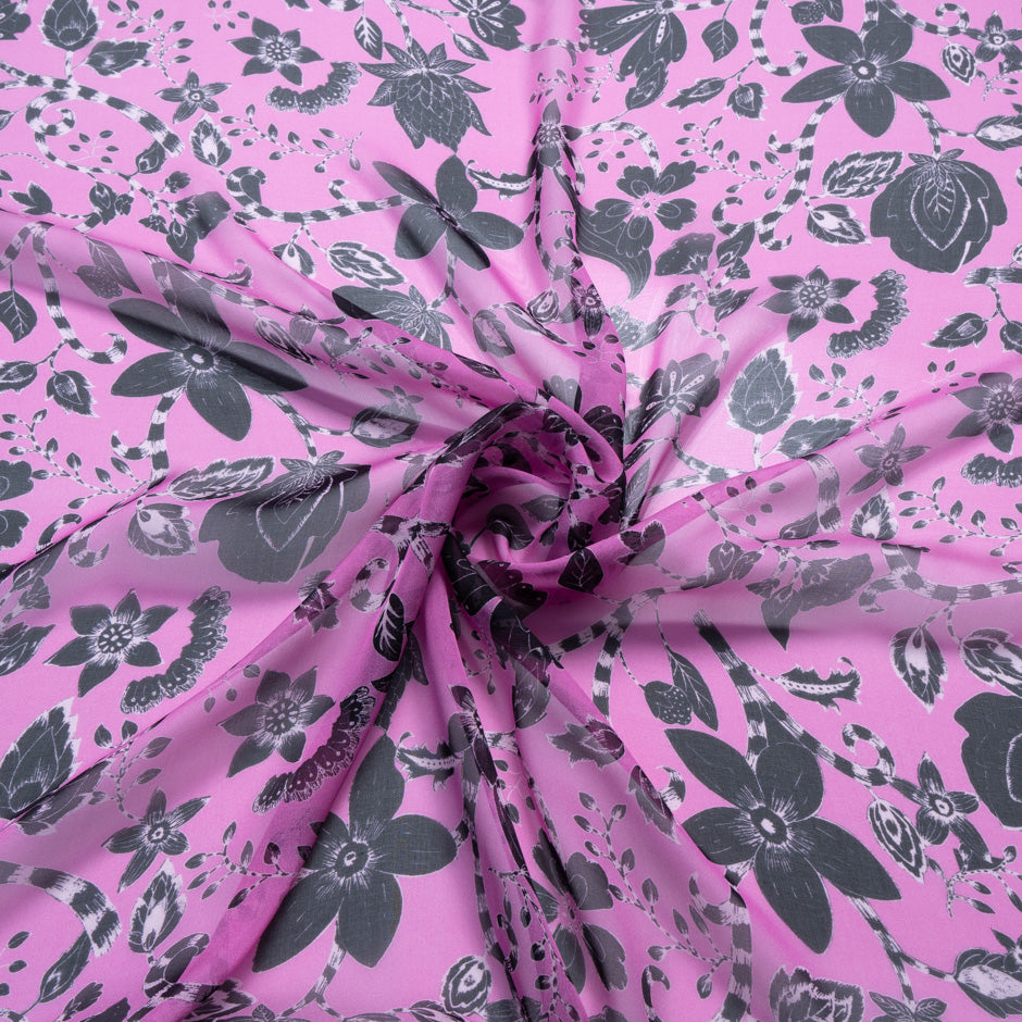 Black Floral Printed Magenta Pure Silk Georgette