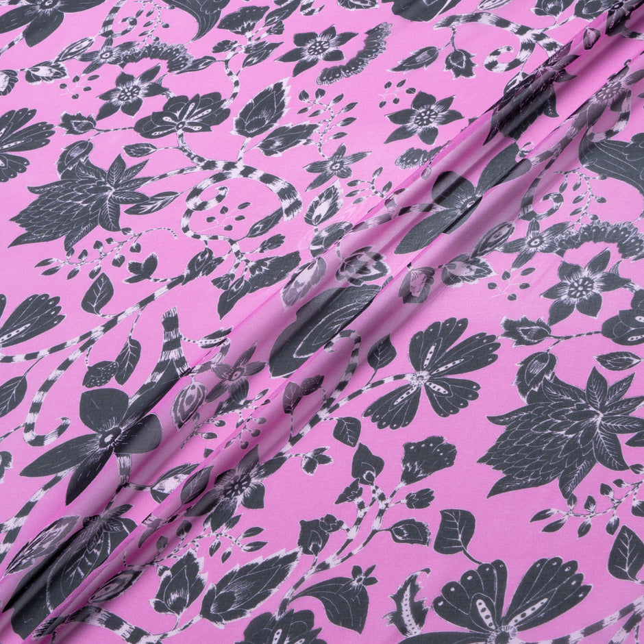 Black Floral Printed Magenta Pure Silk Georgette