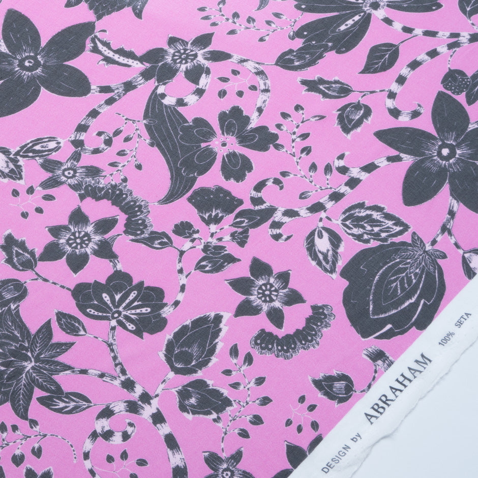 Black Floral Printed Magenta Pure Silk Georgette