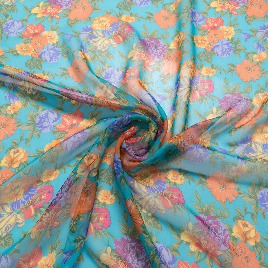 Multi-Coloured Floral Printed Blue Silk Georgette