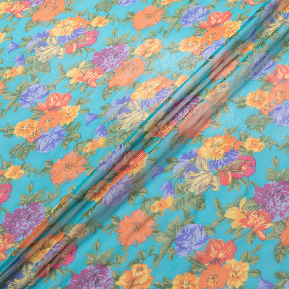 Multi-Coloured Floral Printed Blue Silk Georgette