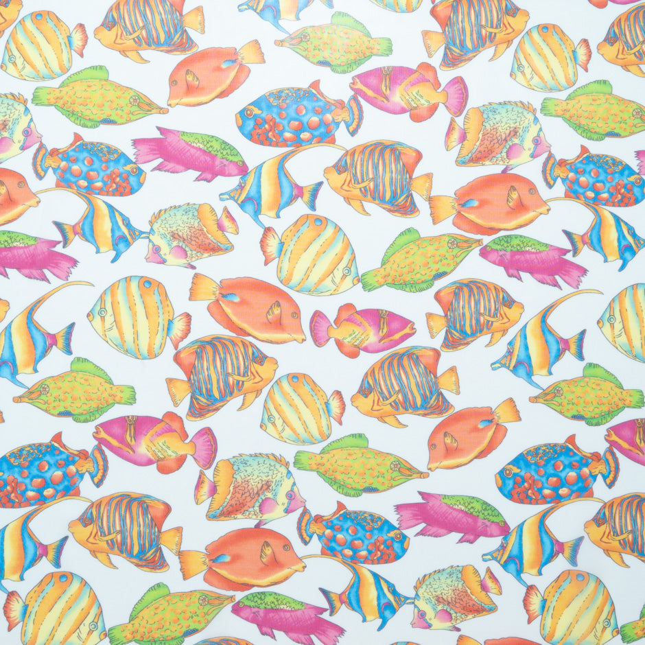 Multi Fish Printed White Silk Georgette