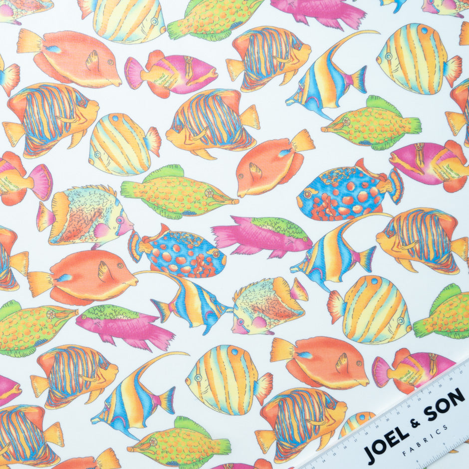 Multi Fish Printed White Silk Georgette