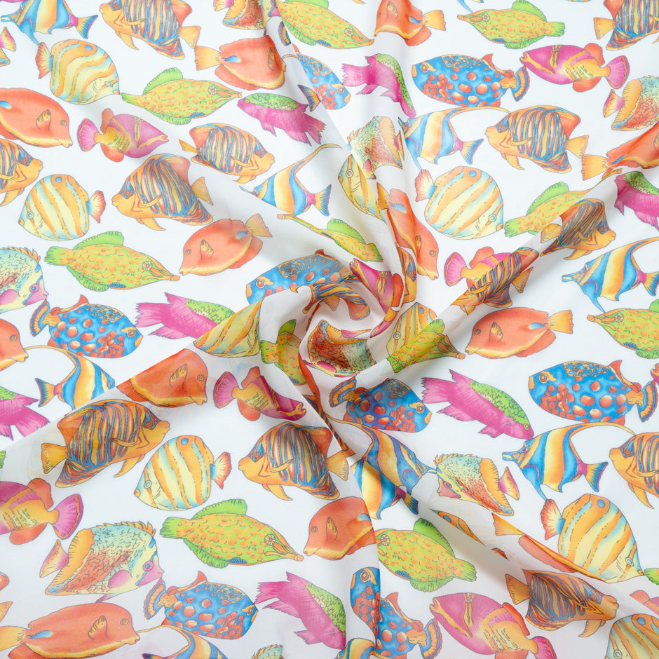 Multi Fish Printed White Silk Georgette
