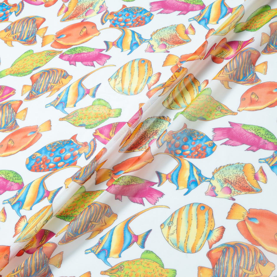 Multi Fish Printed White Silk Georgette