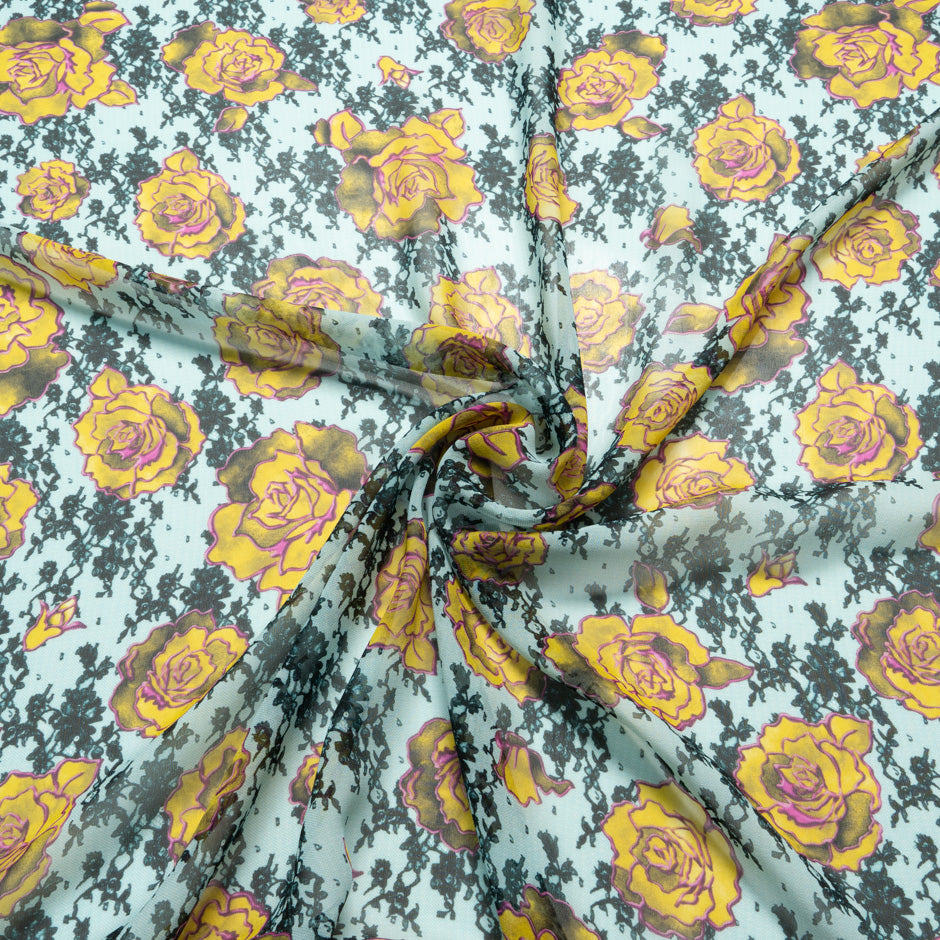 Yellow Rose & Lace Printed Silk Georgette