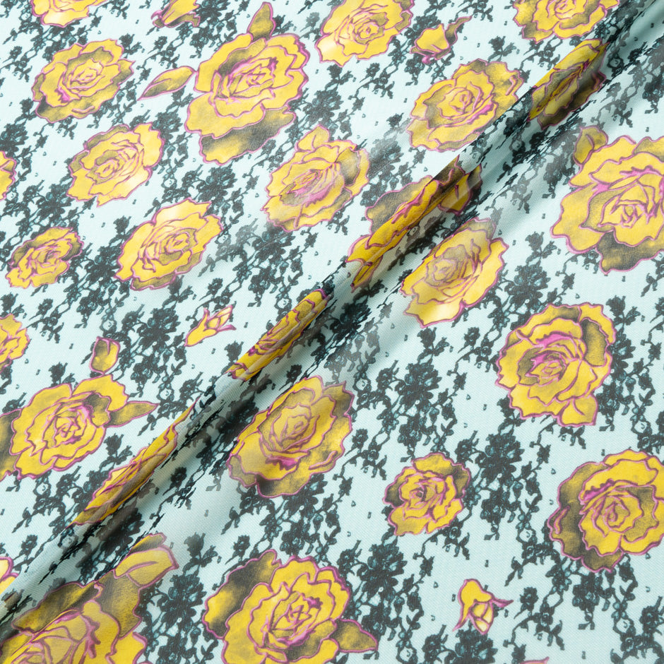 Yellow Rose & Lace Printed Silk Georgette