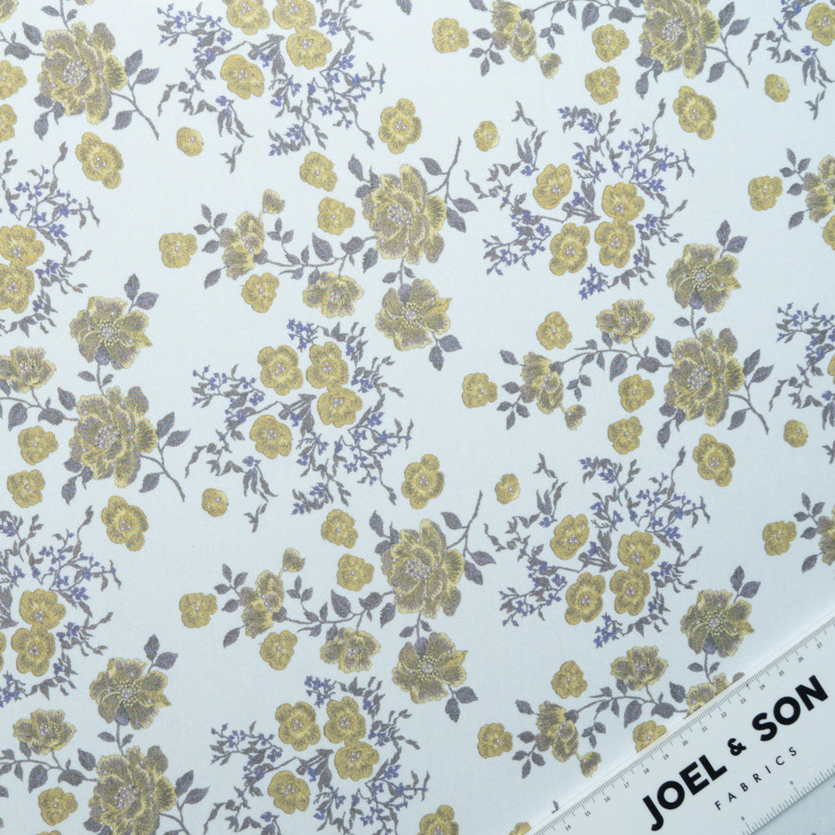 Yellow Floral Printed Pale Blue Silk Chiffon