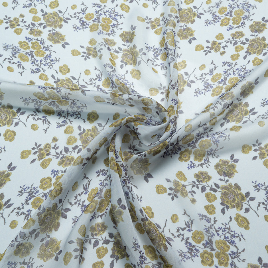 Yellow Floral Printed Pale Blue Silk Chiffon