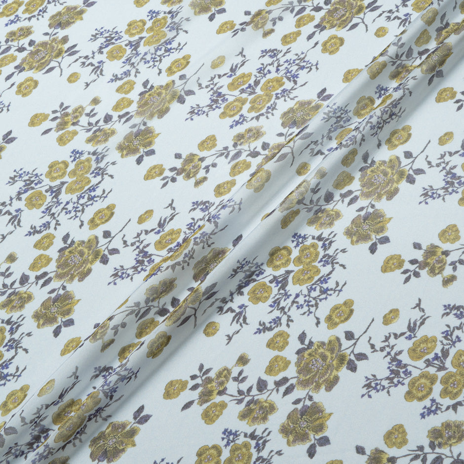 Yellow Floral Printed Pale Blue Silk Chiffon