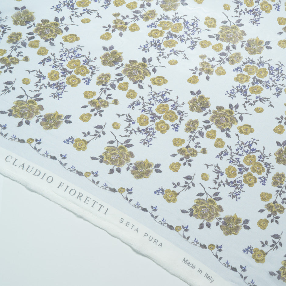 Yellow Floral Printed Pale Blue Silk Chiffon