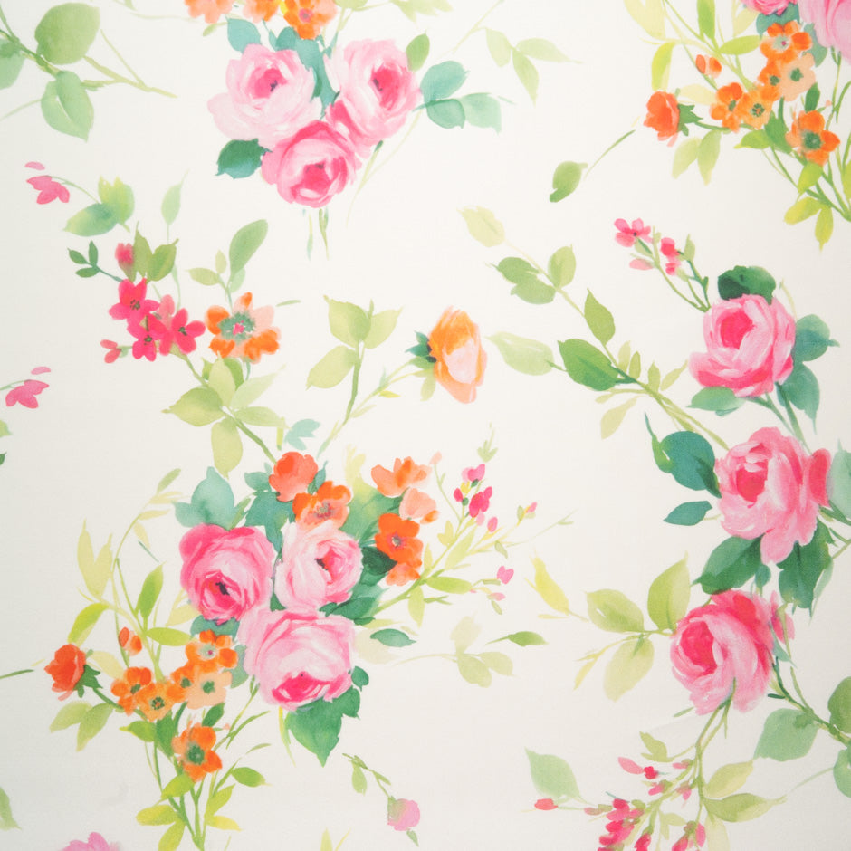 Pink & Orange Floral Printed Ivory Poly Mikado