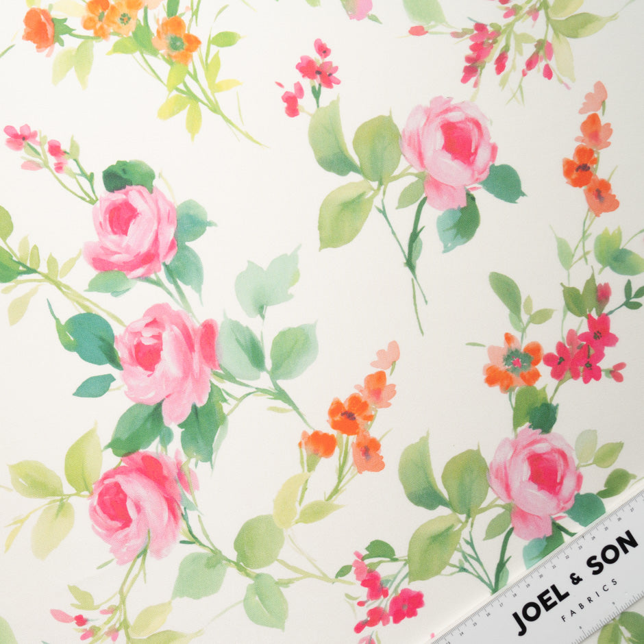 Pink & Orange Floral Printed Ivory Poly Mikado