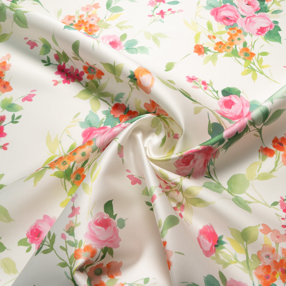 Pink & Orange Floral Printed Ivory Poly Mikado
