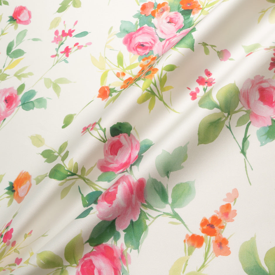 Pink & Orange Floral Printed Ivory Poly Mikado