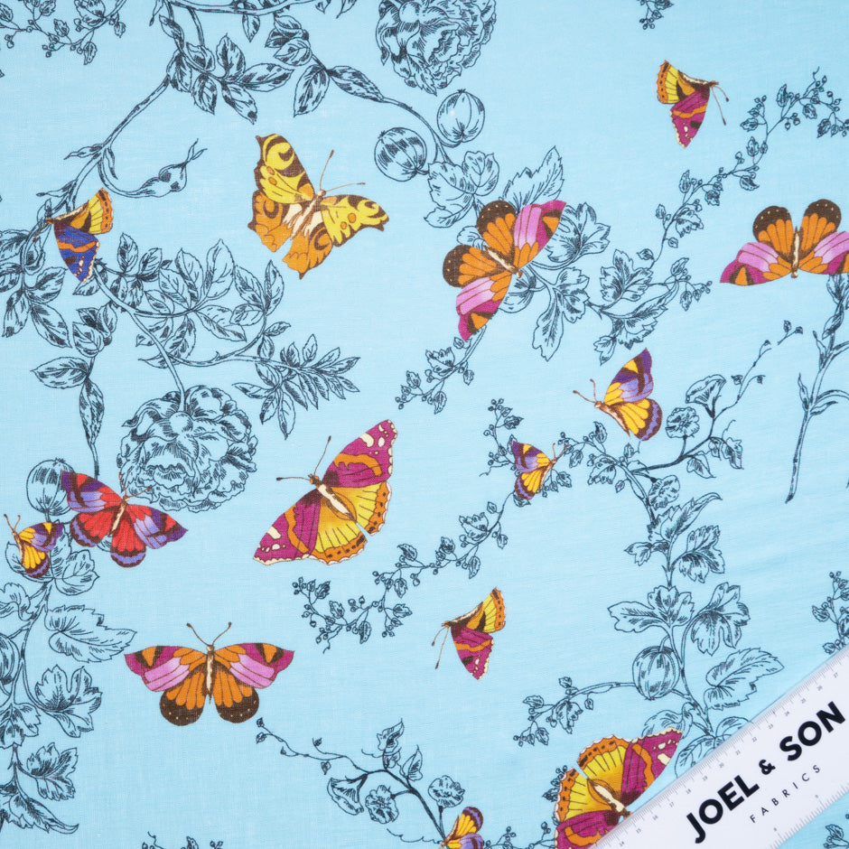 Multi Butterfly Printed Rich Blue Linen